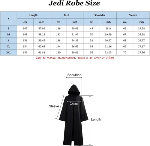 Vista 3 de NQIQIN Jedi Costume Adult Jedi Robe Black Cloak Cosplay Halloween Costumes Cape with Hood for Men Women Teenager