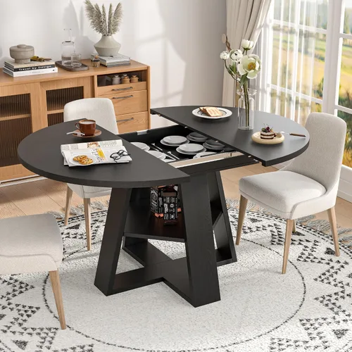 Vista 9 de Mesa de comedor redonda extensible de 43.3 a 59 pulgadas para 4 a 8, moderna mesa de comedor ovalada de cocina con hojas extraíbles, ahorro