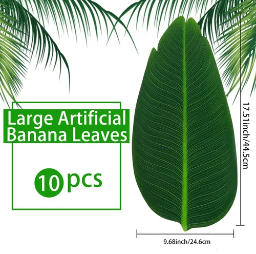 Vista 3 de SWR Hojas de plátano, manteles individuales de hojas, 10 piezas de hojas de plátano artificiales para fiesta hawaiana, aventura en la selva