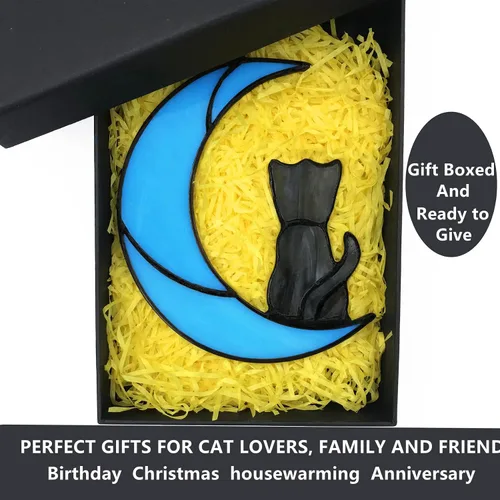 Vista 3 de Decoración de gato atigrado gris en luna azul para colgar en la ventana, regalo conmemorativo para los amantes de los gatos, adorno para mascotas