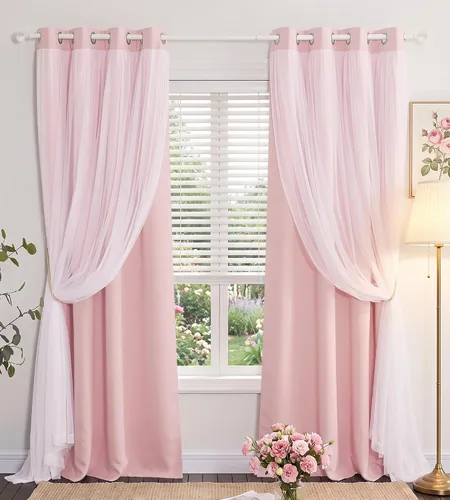 Vista 10 de Beige Blackout Curtains with White Sheer Overlay for Bedroom/Living Room