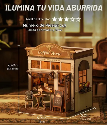 Vista 2 de Kit de rincón de libros DIY Cafetería Casa en miniatura Rompecabezas de madera 3D con luz LED, decoración de estantería pequeña kit de construcción