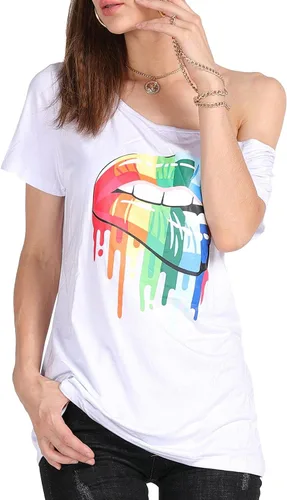 Vista 47 de MAGICMK - Camiseta casual para mujer, con estampado de labios y hombro descubierto, talla extragrande