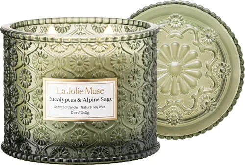 Vista 10 de LA JOLIE MUSE Vela de Cáscara de Sandía y Menta - Eucalipto, Salvia, Lavanda Vela Grande de Cera de Soja de 12 oz con 2 Mechas 60 Horas
