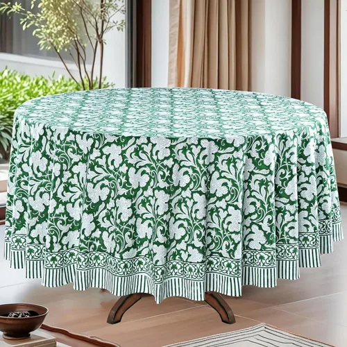 Vista 27 de Mantel redondo con estampado de bloque a mano, 100% algodón, reutilizable, color verde espárragos, 60 pulgadas, mantel decorativo para uso diario