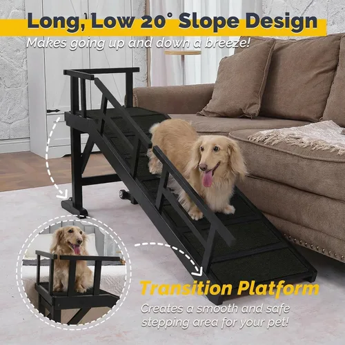 Vista 2 de Rampa para perros para cama o sofá, rampa de madera para mascotas con pendiente suave de 20°, rieles laterales extraíbles, superficie