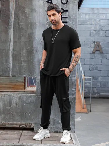 Vista 7 de Babioboa Conjunto de 2 piezas de camiseta y pantalones deportivos para hombre, con bolsillo con solapa, pantalones deportivos holgados y lisos
