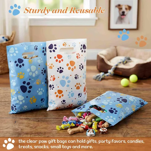 Vista 4 de Pasimy 100 bolsas de regalo de pata de perro a granel, diseño de pata de mascota, bolsas de plástico con asa para decoración de fiesta de cumpleaños