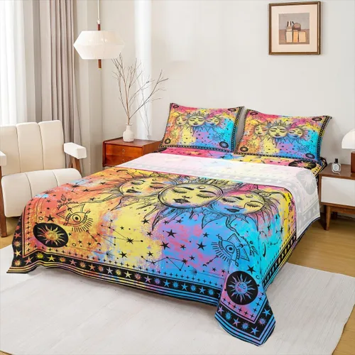 Vista 39 de Erosebridal Juego de sábanas tamaño individual con estampado de luna, diseño de flores de loto, color morado degradado, juego de sábanas orientales