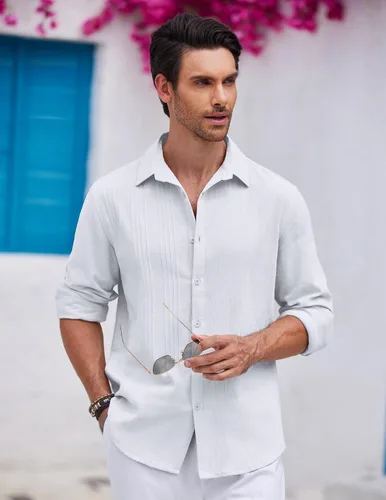 Vista 2 de COOFANDY Camisa cubana de lino guayabera con botones y manga larga para hombre