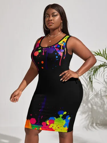 Vista 3 de OYOANGLE Vestido de verano sin mangas con estampado de verano para mujer, cuello redondo, ajustado, corte entallado