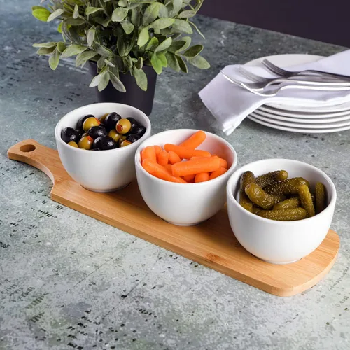 Vista 5 de Gibson Home Gracious - Vajilla de comedor, juego de 3 cuencos Tidbit con bandeja de bambú, color blanco, cuenco Tidbit de 3 piezas con bandeja