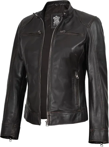 Vista 13 de Decrum Cafe Racer Chaqueta de piel de cordero real estilo motocicleta para Beige