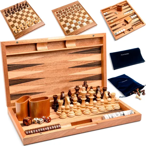 Vista 10 de Pointworks Juegos de backgammon de 17 pulgadas para adultos. Hermoso juego de mesa de backgammon con incrustaciones de madera con damas y dados