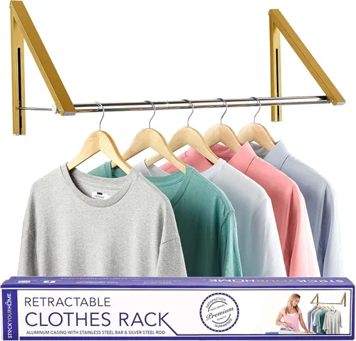 Vista 10 de Doble Perchero Plegable para Ropa con Barra Extensible, Perchero Retráctil Montado en Pared para Secador de Ropa, Barra de Secado Colgante, Pequeños