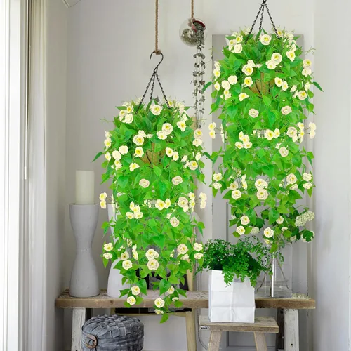 Vista 3 de Plantas colgantes artificiales para decoración de primavera y verano, resistente a los rayos UV, tela de plástico sintética resistente a los rayos