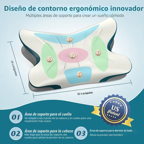 Vista 4 de Almohada cervical para aliviar el dolor de cuello, almohada ergonómica para el cuello, color blanco y azul