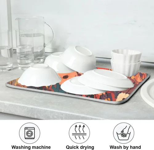 Vista 7 de Tapete de secado de platos de primavera naranja con flor de amapola para encimera de cocina, tapete escurridor absorbente de microfibra, tapete