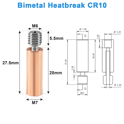Vista 2 de 5 piezas CR10 bimetálico Heatbreak, actualización suave todo metal bimetálico cobre titanio Heatbreak garganta alta temperatura para Creality 3D