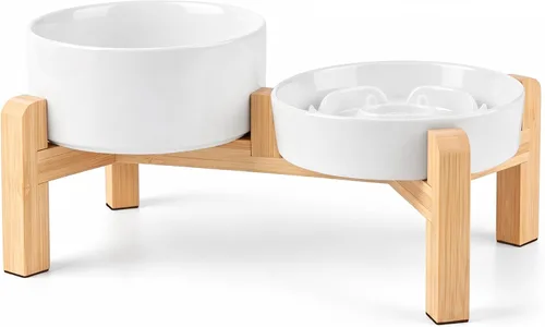 Vista 19 de Cuenco elevado para perros de alimentación lenta, 0.8 tazas de cerámica elevado con soporte inoxidable, cuenco elevado para perros de 6.3 pulgadas