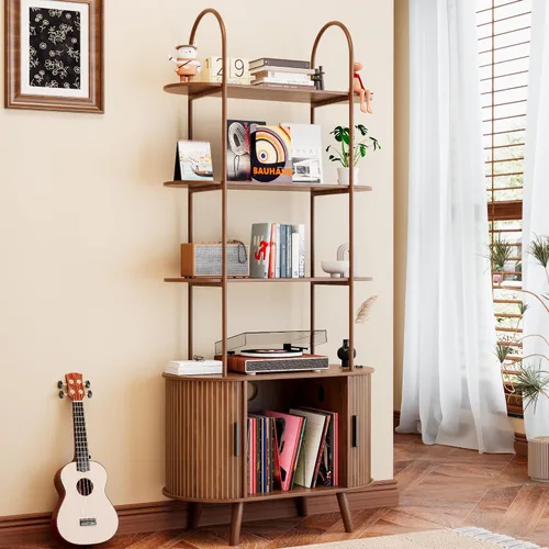 Vista 4 de Soporte Alto para Tocadiscos de Vinilo, Estantería de 4 Niveles con Puertas Corredizas, Gabinete Retro Pequeño para Almacenamiento de Discos