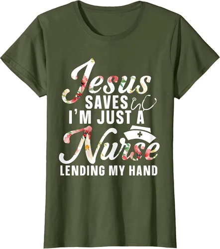 Vista 23 de Jesus Saves I'm Just A Nurse Lending My Hand RN Christian T-Shirt Asphalt Grey