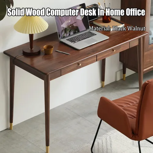 Vista 4 de Escritorio de oficina moderno y simple de madera maciza, mesa de computadora de nogal, sala de estar para el hogar, dormitorio, estudio, escritorio