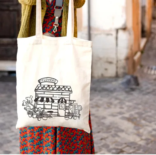Vista 3 de Bolsa de lona minimalista de algodón reutilizable para mujer, diseño de arte estético, Edificio, Talla única
