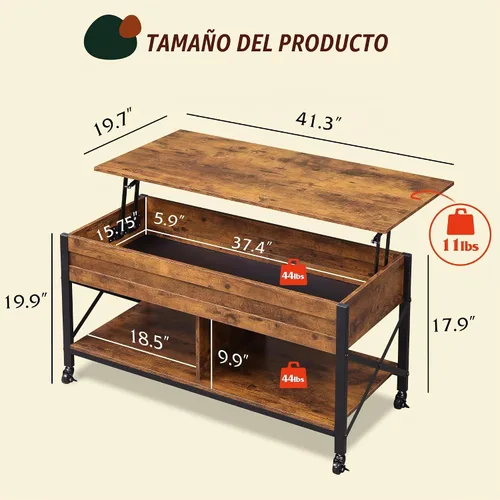 Vista 3 de WLIVE Mesa de Centro, Mesa de Centro Elevable de 41.3" con 4 Ruedas, Compartimento Oculto, Estante de Almacenamiento y Superficie Elevable para Sala