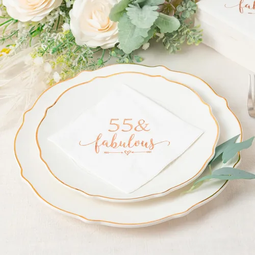 Vista 4 de Crisky Servilletas de 3 capas de oro rosa para mujer, decoraciones de cumpleaños 55, suministros de mesa de postre Bevergae para cumpleaños 55, 50