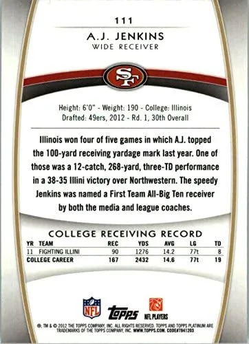 Vista 2 de 2012 Topps Platinum Football #111 A.J. Jenkins RC San Francisco 49ers