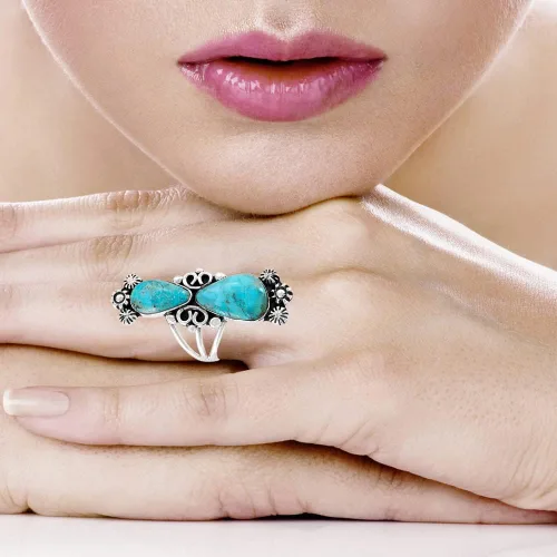 Vista 2 de Anillo turquesa de plata de ley 925 con piedras preciosas auténticas tamaño 6 a 11
