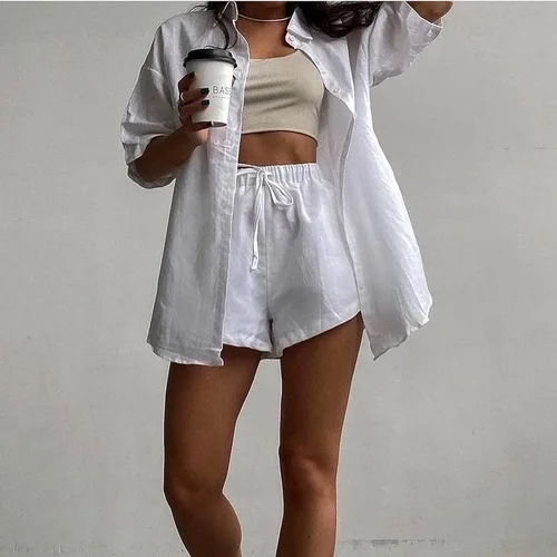 Vista 2 de Conjunto casual de 2 piezas para mujer, conjunto de camisa de lino de algodón liso con botones, pantalones cortos de cintura alta, conjuntos de ropa