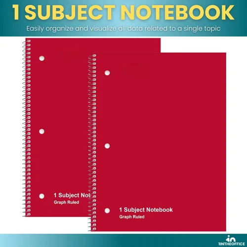 Vista 4 de 1InTheOffice Cuaderno de espiral de papel cuadriculado de 8.5 x 11, cuaderno a rayas gráficas de 5 cuadrados por pulgada, rojo, 70 hojas, 8 x 10.5