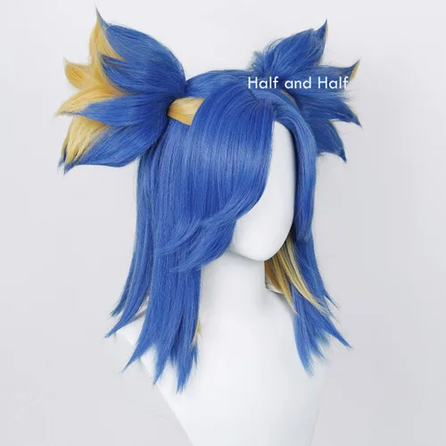Vista 3 de Uniquebe Valorant - Peluca de neón para cosplay peluca azul con flequillo de cortina lindas colas de caballo gorra de peluca para disfraces