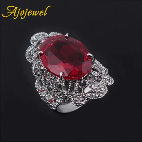Vista 5 de Anillos grandes ovalados de cristal rojo para las mujeres ahuecan hacia fuera flor diseño dedo joyería vintage anel