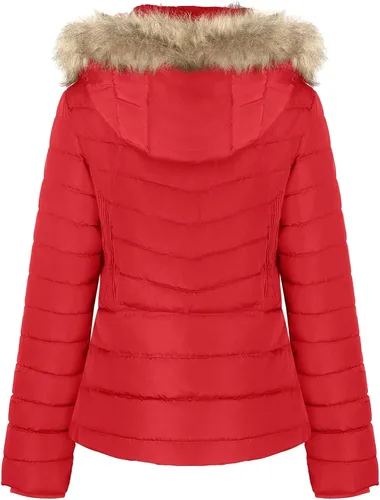 Vista 2 de BodiLove Chaqueta de plumón con cinturón y capucha con adorno de piel sintética para mujer