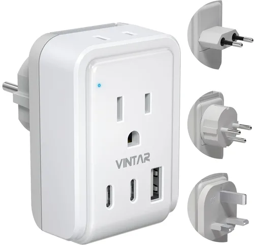 Vista 14 de VINTAR - Kit de adaptador de viaje universal, adaptador de enchufe internacional con 3 puertos USB (2 USB C, 3.4 A) y 2 salidas americanas, tipo A