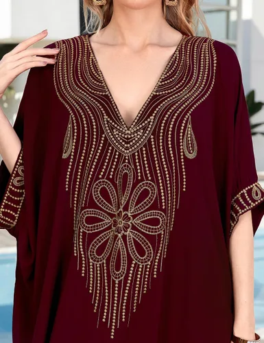 Vista 6 de Bsubseach Vestido de caftán bordado para mujer, manga corta, bikini, salida de baño