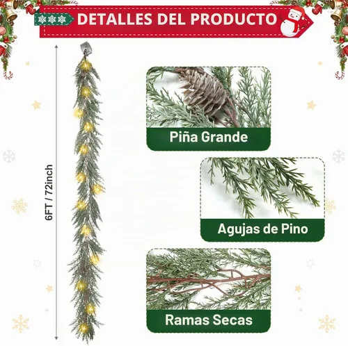 Vista 4 de Guirnalda de Navidad de 6 pies con luces, 30 luces cálidas con 8 modos