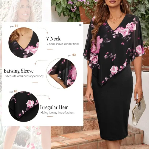 Vista 5 de Bodhi talk - Vestido ajustado hasta la rodilla con cuello en V y manga tipo capa para mujer