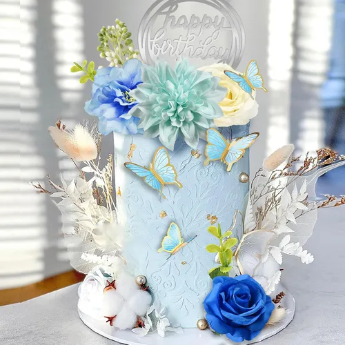 Vista 4 de 19 piezas de decoración de mariposa para pasteles, decoración de feliz cumpleaños con rosas azules artificiales, mariposas de eucalipto, suministros