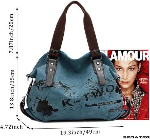 Vista 2 de Bolsos de hombro para mujer, estilo vintage, de lona, con asa superior