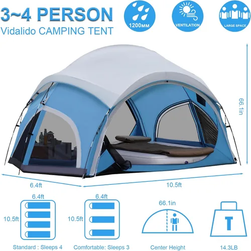 Vista 5 de Vidalido Tienda de campaña para 3 a 4 personas con 2 puertas de malla grandes, 4 ventanas de malla, tienda familiar de doble capa, impermeable
