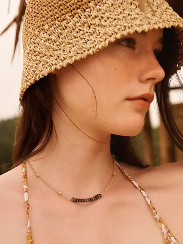 Vista 3 de PERNNLA PEARL Gargantilla de Cadena de Bolas de Satélite de Bordillo Chapada en Oro de 18K, Collar de Barra con Cuentas de Turquesa Sintética