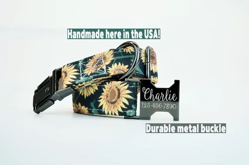Vista 4 de Collar de perro de girasol con hebilla de metal, hecho a mano, collar personalizado grabado personalizado, 1 pulgada de ancho, collares