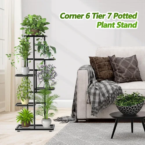 Vista 6 de Soporte de metal para plantas de 6 niveles y 7 macetas para interiores con herramientas de jardinería y guantes, organizador de estantes altos