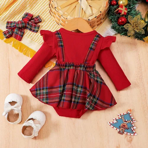 Vista 3 de Mameluco de Navidad para niñas recién nacidas, falda de malla de terciopelo rojo, traje de primera Navidad, regalo de Navidad