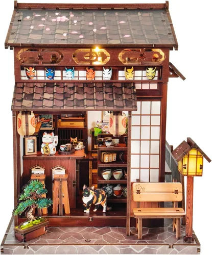 Vista 9 de Kit de rincón de libros para adultos, kit de casa de muñecas Sakura japonesa, kit de casa en miniatura con luz LED, mini kit de construcción