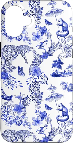 Vista 23 de French Blue Toile Chinoiserie with Flowers, Monkey, Leopards Case for iPhone 17